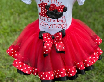Girl Mouse First Birthday Outfit: Embroidered Shirt & Tutu