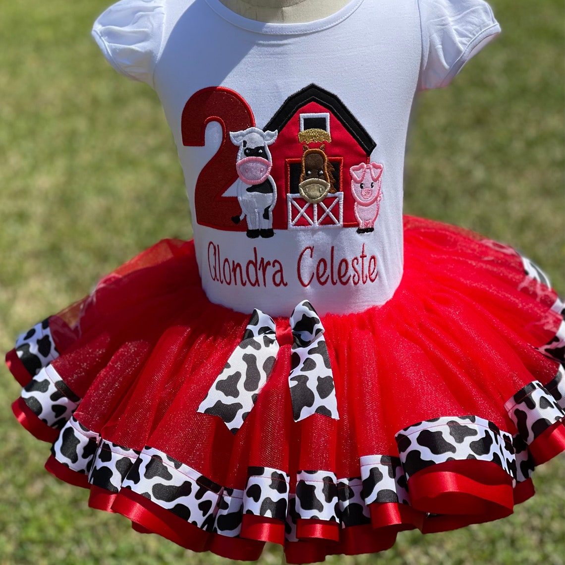 Embroidered Personalized Birthday Cute Red White Barn Animals Farm Barn Tutu Set Outfit main image 1