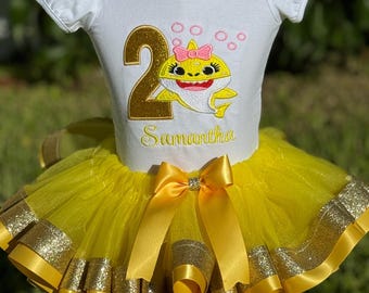 Birthday baby yellow shark tutu set