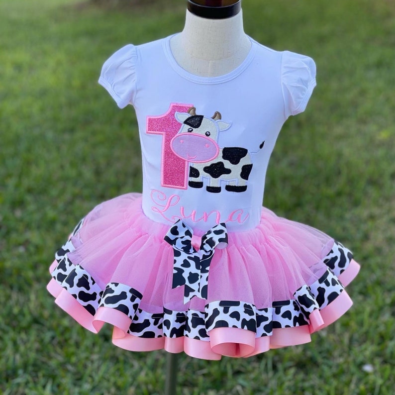 Birthday Cow tutu set custom embroidery/personalized embroidery/1-6 birthday cow/cow birthday girl/cow birthday outfit image 1