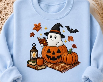 Cozy Ghost Embroidered Sweatshirt Halloween Pumpkin Crewneck Spooky Season Fall Outfit