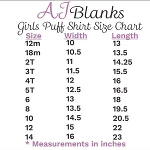 K&ouml;nnte beinhalten: Eine Gr&ouml;&szlig;entabelle f&uuml;r M&auml;dchen-Puff-Shirts, die Gr&ouml;&szlig;en von 12 Monaten bis 14 Jahren mit den entsprechenden Breiten- und L&auml;ngenma&szlig;en in Zoll anzeigt.