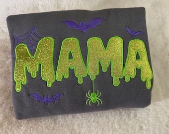 Halloween Mama Sequin Sweatshirt Embroidered Spooky Mom Crewneck Glitter Applique Fall Pullover