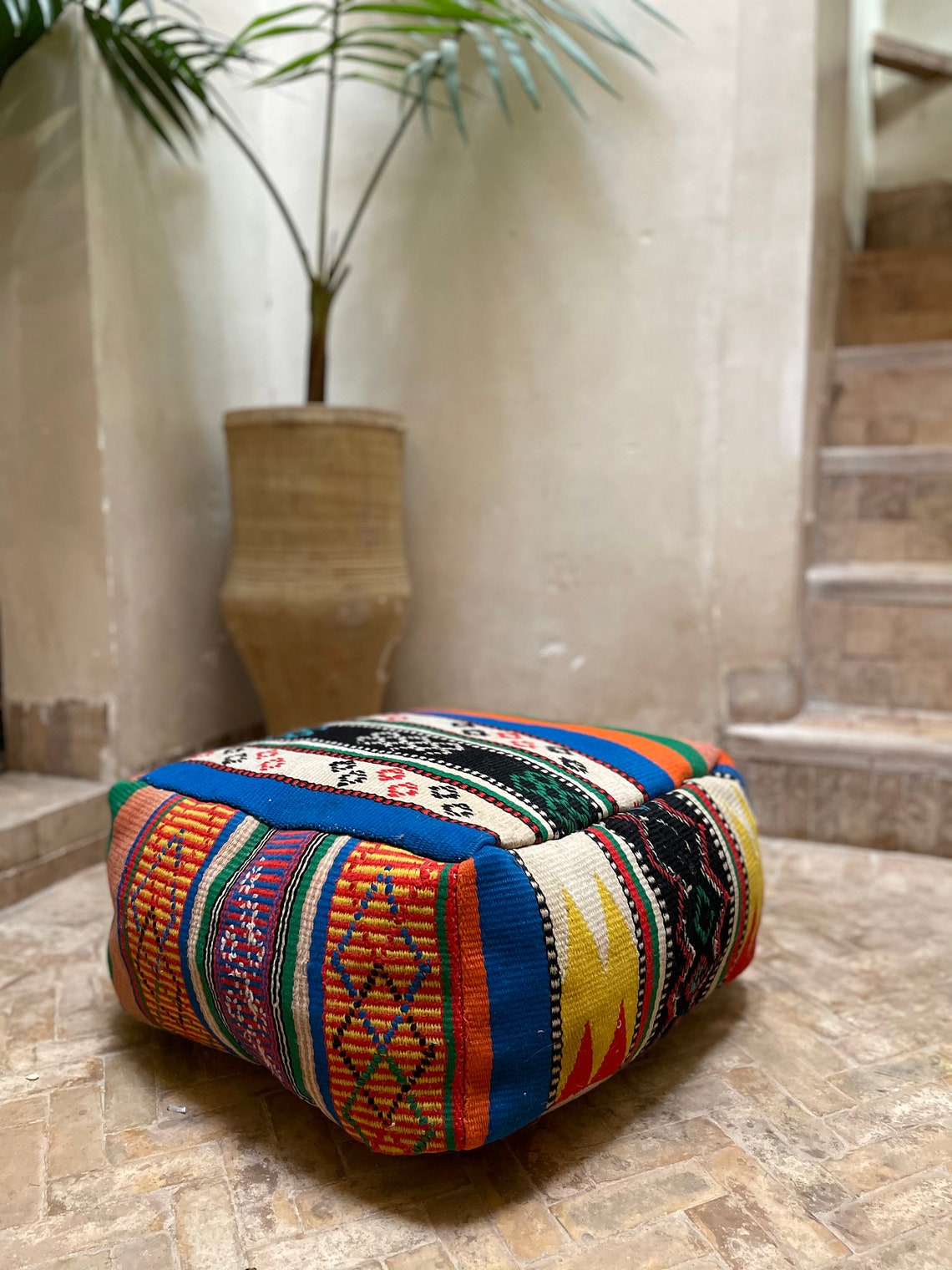 Pouf marocain millésime Kilim Pouf Orange bleu coloré Etsy