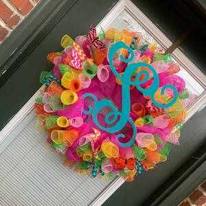Guirlanda de porta de primavera, guirlanda de malha decorativa, guirlanda de letras iniciais, guirlanda de fita e borboleta, guirlanda de Páscoa, decoração de casa de primavera