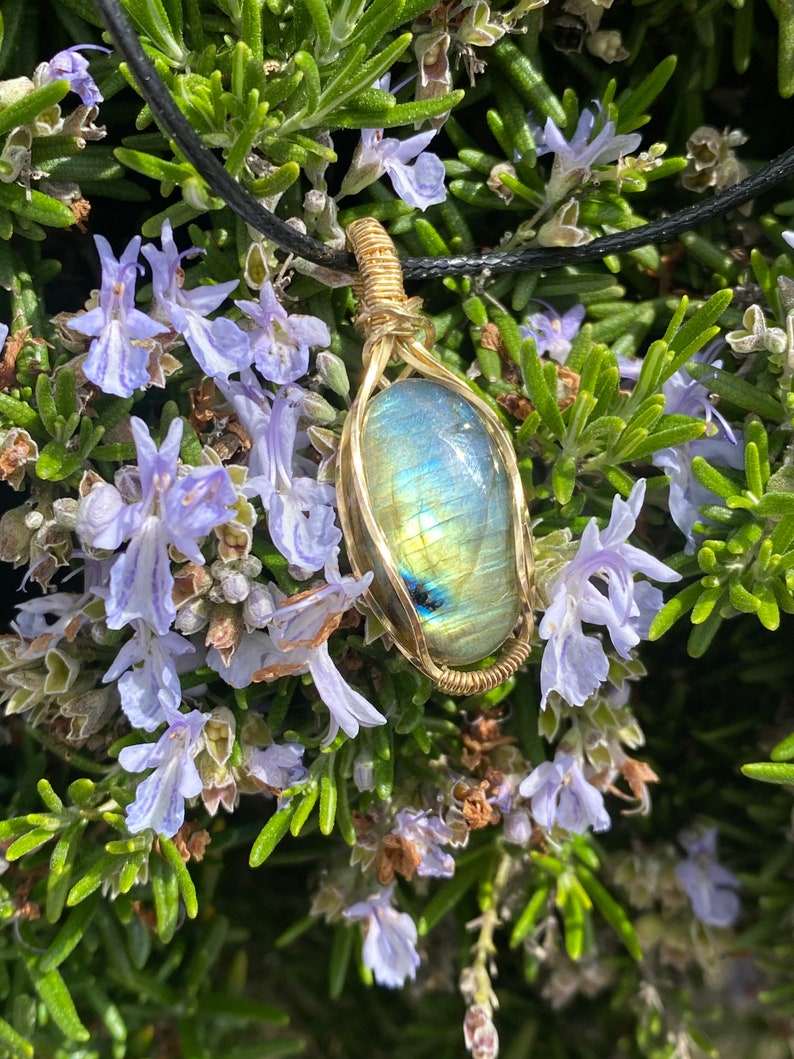 Labradorite Crystal Necklace Chakra Healing Pendant Mother\u2019s Day Gift Idea Brass Wire Wrapped Necklace
