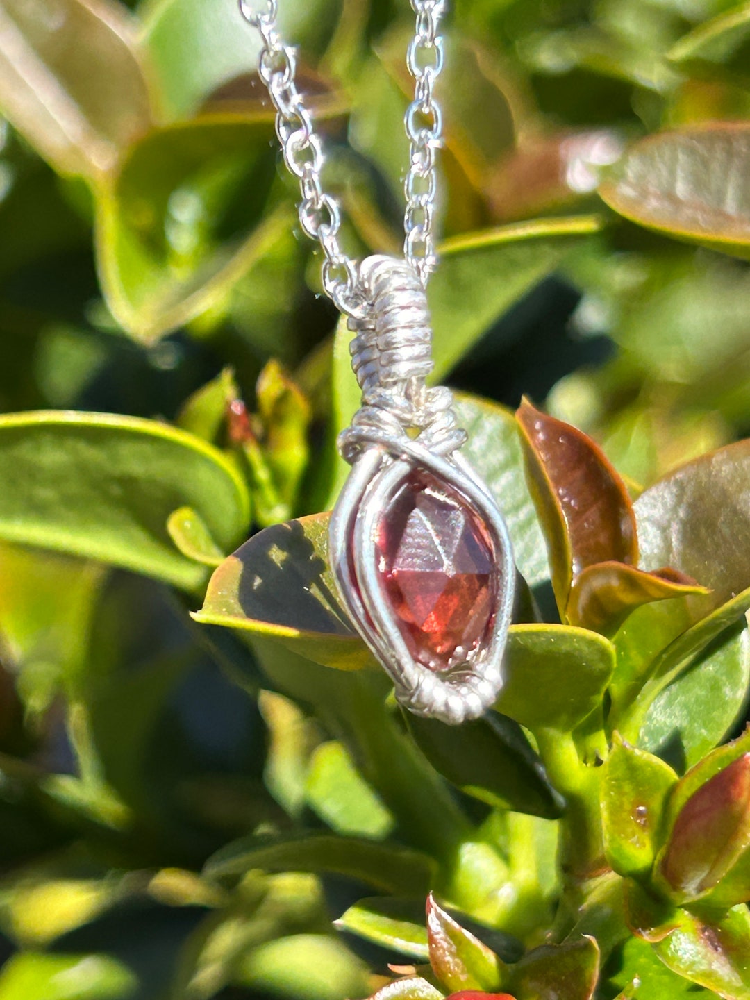 Mini Garnet Silver Wrapped Necklace Genuine Garnet Jewelry Red Crystal ...