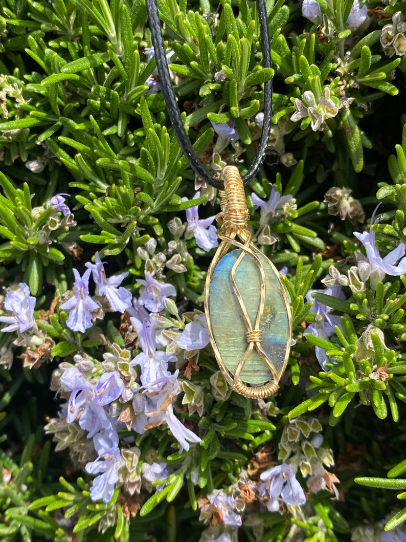 Labradorite Crystal Necklace Chakra Healing Pendant Mother\u2019s Day Gift Idea Brass Wire Wrapped Necklace