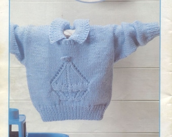 Knitting Pattern PDF, Baby Sweater with Eyelet Boat Motif, Vintage Baby Pattern, Easy to Follow, Instant Download PDF