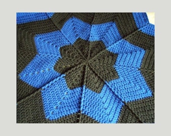 Round Vintage Afghan Pattern, ZigZag Afghan Pattern, Round Crocket Blanket Pattern, Blue and Black Crochet Afghan Blanket, Instant Download