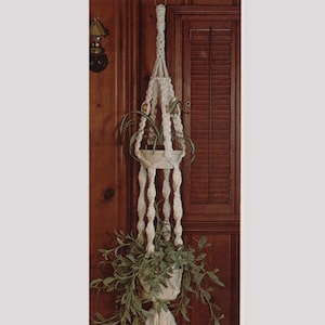 Puede incluir: Un macetero de macramé blanco con dos macetas blancas y plantas verdes colgando de una puerta de madera.