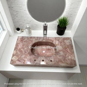 Rectangular Rose Quartz Stone Sink – Handmade Natural Gemstone Bathroom Basin – Luxury Pink Crystal Vessel Sink