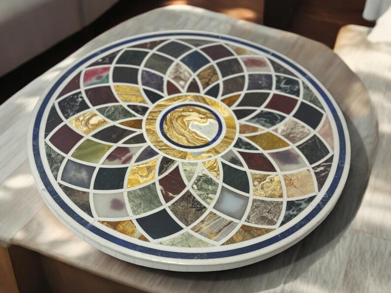 Elegant Round Marble Coffee & Corner Table Semi Precious Multi Inlay