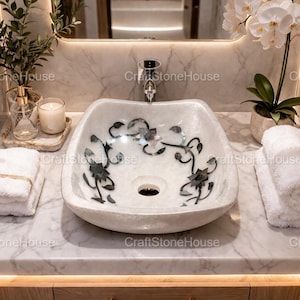 White Marble Bathroom Sink: Abalone Shell Inlay, Modern Rectangular Basin
