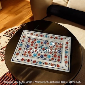 15&quot;x10&quot; Unique White Marble Serving Tray with Turquoise & Carnelian Inlay, Handmade Rectangular Stone Tray for Kitchen Decors
