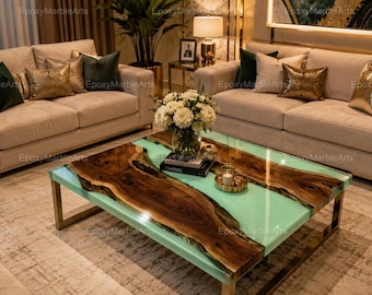 Green Epoxy Resin Rectangle Coffee Table Modern Sofa Center Handmade Furniture Luxury Home Interior