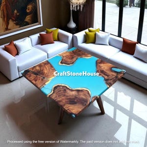 Custom Order Blue River Square Epoxy Center Table Top Luxury Bar Coffee Tea Table Handmade Modern Garden Interior