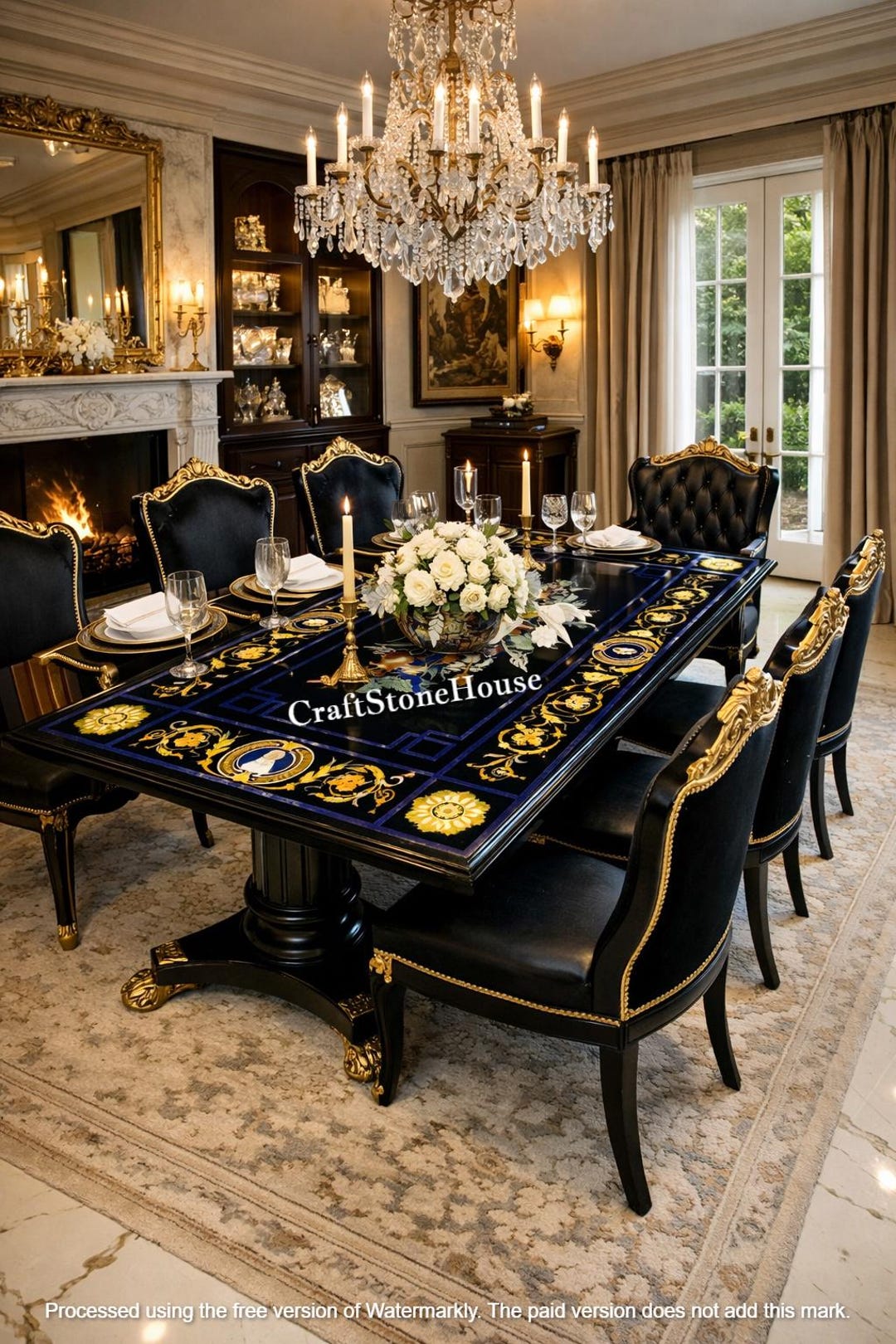 Black Marble Inlay Rectangle Dining Table Handcrafted Stone Furniture ...