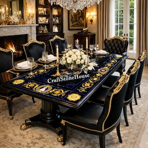 Mesa de comedor rectangular con incrustaciones de mármol negro, muebles de piedra artesanales, diseño de pájaros de lujo
