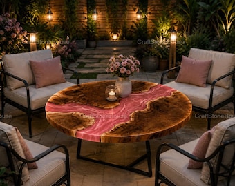 Round Epoxy Resin Coffee Table Handmade Wood and Pink Resin Table Luxury Living Room Table Modern Rustic Furniture