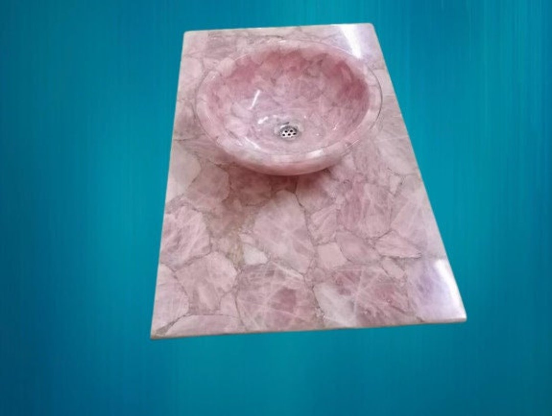 Pink Rose Quartz Bathroom Countertop Slab With Wash Basin Sink Handmade