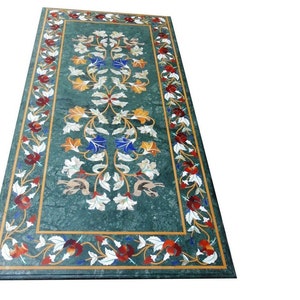 Green Marble Conference Table Tops Elegant Design Handmade Floral Fine Marquetry Art Decorative Furniture Sale