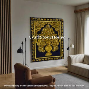 24&quot;x36&quot; Luxury Zardozi Tapestry with Real Gemstones, Zari & Resham Work-Golden Flower Pot Design on Black Velvet - Unique Home Décors Arts
