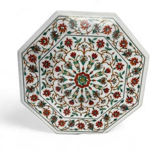 Octagon White Marble Coffee Table Carnelian Abalone Shell Semi Precious Inlay Stones Handmade Art Top for Balcony and Rooms Decorative
