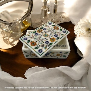 Indian Jewelry Box with Inlaid semi Precious Stones Handmade Custom White Marble Jewelry Storage Trinket Box Housewarming Decor Gift for Her
