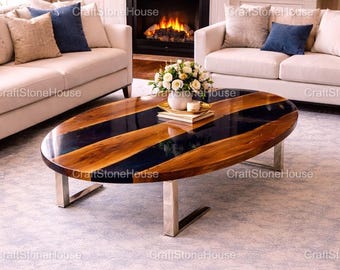 Mesa de centro artesanal em resina azul com efeito rio, luxuosa mesa de centro em madeira e resina epóxi, peça de design para sala de estar.