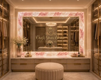 Stylish Pink White Quartz Mirror Handmade Luxury Vanity Wall Design Elegant Mirror Backlit Wall Mirror Dressing Room Deco Luxury Home Accent