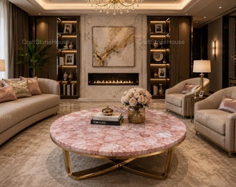 Pink Rose Quartz Coffee Table Round Gemstone Crystal Center Table Luxury Stone Furniture Elegant Living Room Home Decor