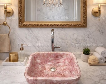 Lavandino in quarzo rosa, esclusivo, con pietra preziosa, per l'arredo interno del bagno
