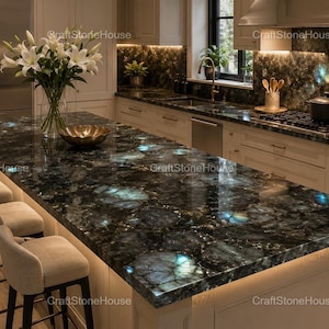 May include: A kitchen island with a dark, polished countertop featuring blue and green veining. The island has a cream-colored base with built-in lighting. White lilies in a glass vase and bar stools are in the foreground.