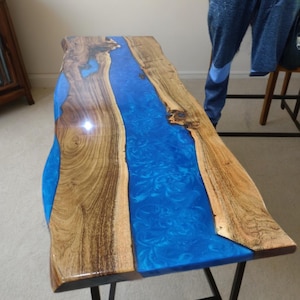 Blue River Epoxy Table Top Handmade Live Edge Acacia Wooden Resin Furniture  Made To Order Conference Room Office Meeting Desk top Decor