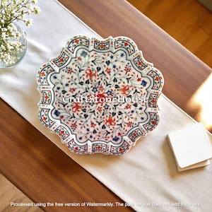 18&quot; Exclusive White Marble Inlay Plate Multi Stone Floral Mosaic Handmade Work Unique Kitchen Accessories Home Decorative Gifts