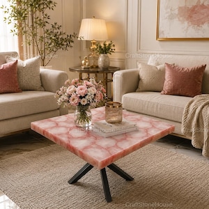 Couchtischplatte aus Rosenquarz, handgefertigt, rosa Edelsteintisch, luxuriöses Wohnzimmermöbel, quadratischer Beistelltisch, individuelle Wohndekoration