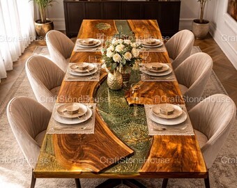 May include: A large, rectangular wooden dining table with a unique epoxy resin river design. The table is surrounded by six beige upholstered chairs and set with place settings. The table's dimensions are approximately 96 inches long and 40 inches wide.