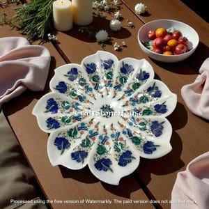 15&quot; Handcrafted White Marble Inlay Plate with Semi-Precious Stones Elegant Decorative Art Home Decor & Gift Piece