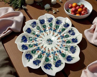 Handcrafted White Marble Inlay Plate Semi Precious Stone Art Luxury Kitchen Interior