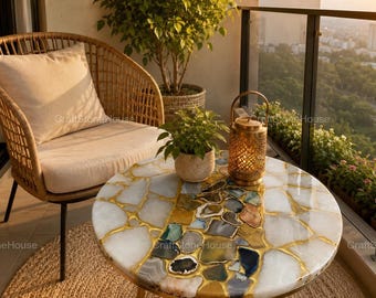 Handcrafted Gemstone Mosaic Round Table Top, White Quartz Agate Inlay Surface, Luxury Coffee Accent Decor, Artisan Stone Design