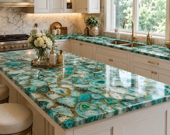 Green Agate Kitchen Island Countertop Handmade Semi Precious Stone Slab Luxury Home Decor Modern Gemstone Bar Furniture
