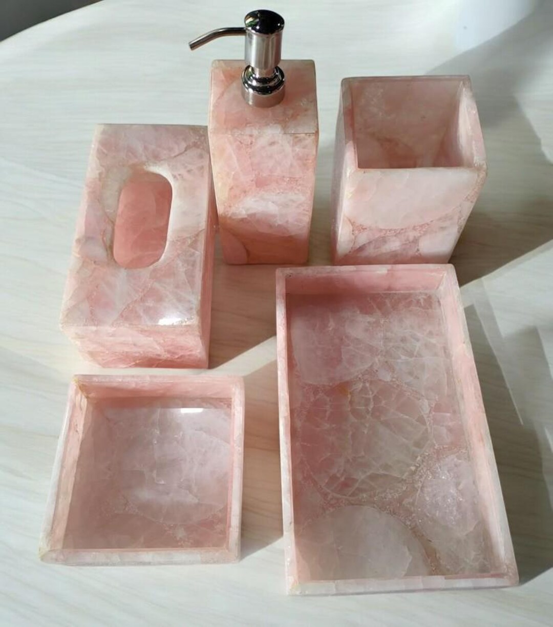 Beautiful Pink Rose Quartz Bathroom Accessories Vanity Top Set of 5 Pcs ...