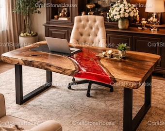 Red Epoxy River Desk, Live Edge Wood Resin Office Table, Custom Handmade Dining Interior, Modern Executive Workspace Furniture Design