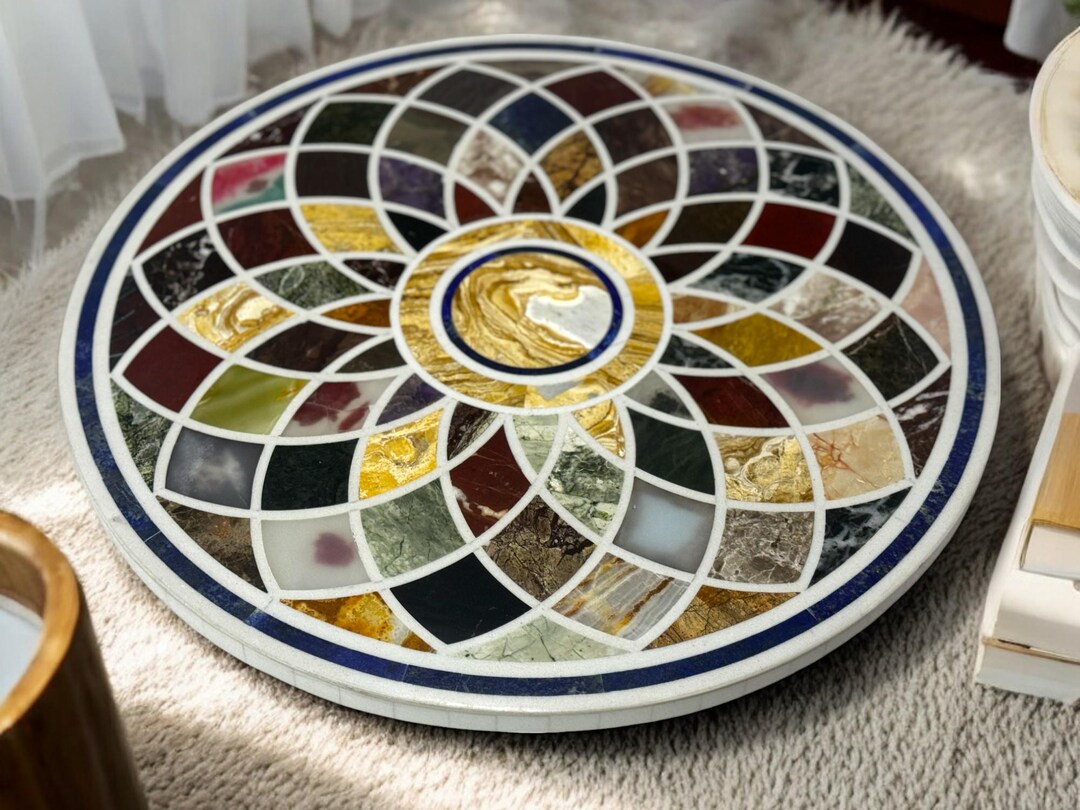 Elegant Round Marble Coffee & Corner Table Semi Precious Multi Inlay