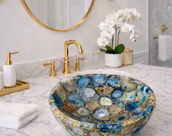 Round Mixed Blue Agate Stone Sink Handmade Gemstone Wash Basin for Luxury Bathroom