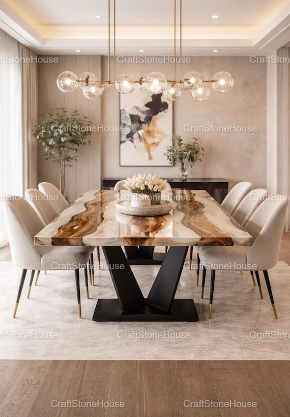 Handgefertigter Live Edge Esstisch Weiß Epoxy Resin Rechteck Arbeitsplatte Modern Office Meeting Schreibtisch