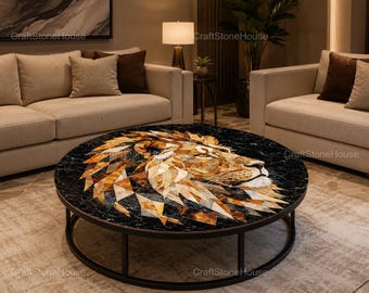 Round Lion Mosaic Marble Coffee Table Luxury Living Room Center Table Modern Stone Furniture Black Marble Accent Table Handmade Decor