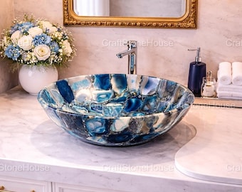 Handmade Blue Agate Stone Sink Round Gemstone Bathroom Vessel