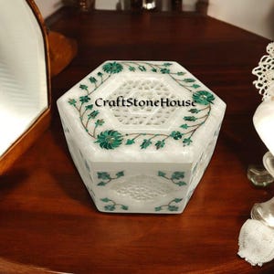 4&quot;x4&quot;x2&quot; Hexagon Beautiful White Marble Girls Jewelry Box Malachite Gemstone Floral Inlay Design Wedding Gift & Home Decor Arts
